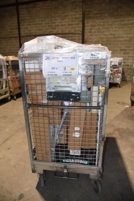 a cart with a lot of boxes on it in a warehouse