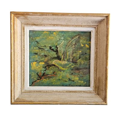 une peinture à l'huile représentant un arbre dans un champ parsemé de fleurs jaunes