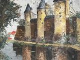 a painting of a castle by the water with a boat