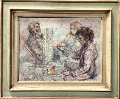 a painting of a group of people sitting at a table