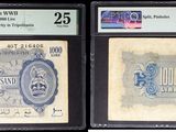 three different types of currency are on display in a display case