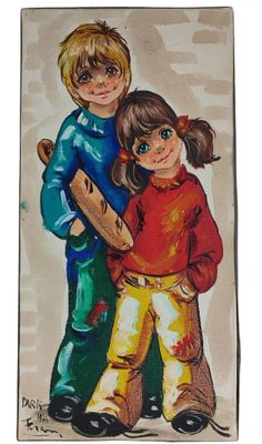painting of a boy and a girl holding a baseball bat