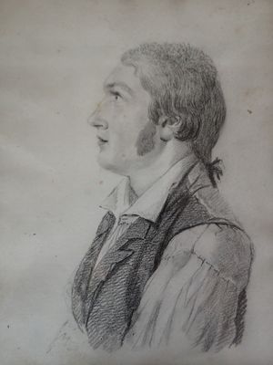 a drawing of a man in a vest and tie looking up