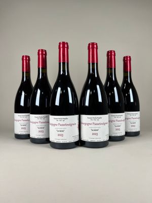 six bouteilles de vin rouge alignées