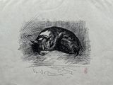 un dessin représentant un chat recroquevillé sur un oreiller