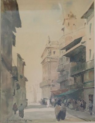 une peinture d'une rue de la ville avec des gens qui y marchent