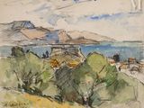 peinture représentant une vue d'un village avec une montagne en arrière-plan