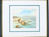 a painting of a man sitting on a rock by the ocean