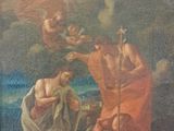 an old painting of a man kneeling down to a woman holding a baby