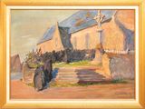 an oil painting of a woman walking down a street past a church