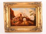 une peinture à l'huile représentant un paysage avec un pont et un village