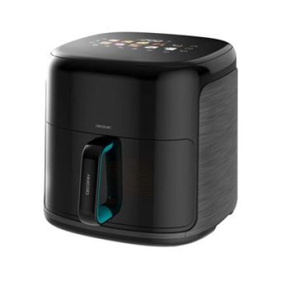a black and blue air fryer sitting on top of a white surface