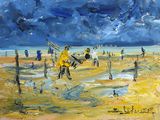 une peinture représentant un groupe de personnes sur la plage