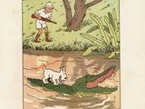 illustration of a boy and a dog playing with a crocodile in a river