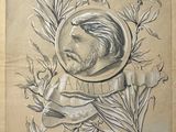 dessin représentant le portrait d'un homme barbu tenant un oiseau dans une couronne