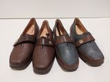 three pairs of brown and blue shoes are lined up on a white surface