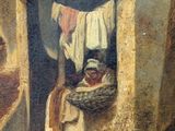 a painting of a woman hanging clothes on a clothes line