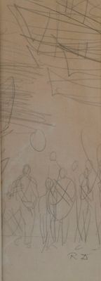 drawing of a group of people standing in a line with a sky in the background