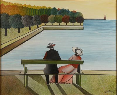 un tableau représentant un couple assis sur un banc au bord de l'eau