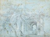 drawing of a horse and rider in front of a building with a fountain