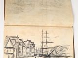 an old drawing of a boat in a harbor on a piece of paper