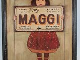 a painting of a girl holding a sign in front of her