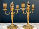 pair of antique brass candelabs on a marble table