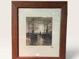 an old picture of a ship in a wooden frame on a white background