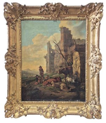 une image représentant un tableau où l'on voit un homme et un chien dans un paysage