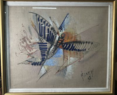 an image of a painting of a butterfly on a beige background