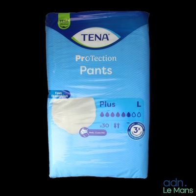 a close up of a bag of tena protection pants on a black background