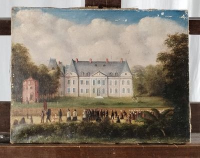 a painting on a easel with a painting of a house in the background