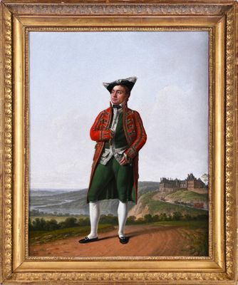 an oil painting of a man in a red coat and green pants