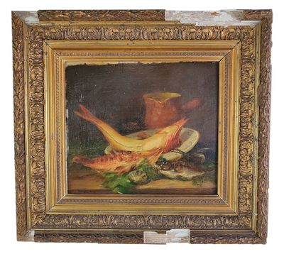 an oil painting of a bird and other items on a table