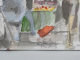 a watercolor painting of people shopping at an outdoor market