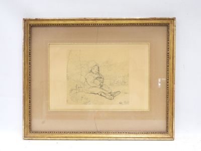 framed drawing of a child sitting on the ground in a room