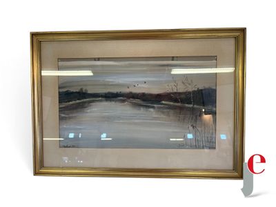 painting of a river scene with a reflection of trees in a gold frame