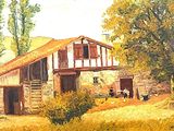 a painting of a barn in a field with a horse