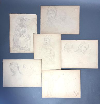 several drawings of people and a dog on a blue wall