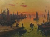 une peinture représentant une scène portuaire avec des bateaux dans l'eau