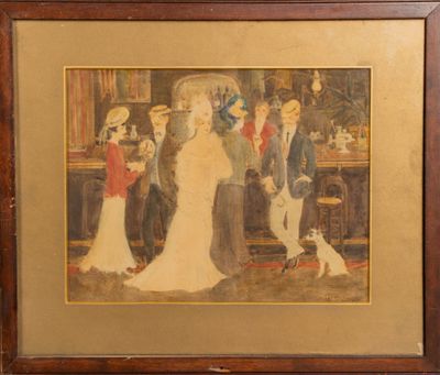 tableau représentant une femme en robe blanche, un homme en costume bleu et un chien blanc