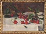 a painting of cherries on a table with leaves