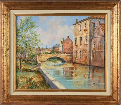 une peinture à l'huile représentant un pont enjambant une rivière, à côté d'un bâtiment
