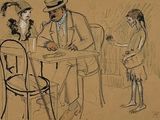 un dessin représentant un homme et une femme assis à une table