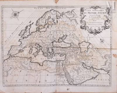 an old map of europe and the middle east with a compass on it
