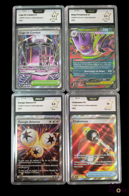 four different pokemon cards in plastic cases on a black background