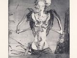 an image of a black and white drawing of a woman holding a knife