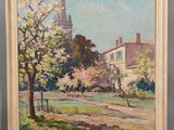 une peinture représentant une peinture d'une église au loin