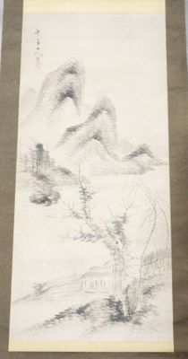 chinese scroll painting of a mountain scene with a man and a dog