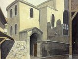peinture représentant une rue avec des bâtiments et une tour horloge